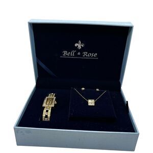Bella & Rose Watch Earring Necklace Gold Tone Crystal Set New in Box with Papers